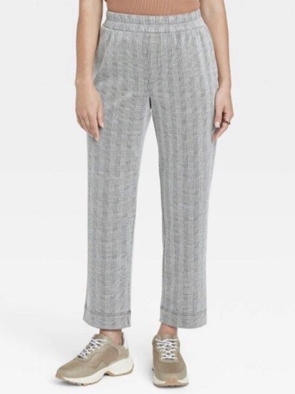 a new day Women’s Gray Plaid Cropped Ankle Pull On Trouser Pants Size Medium